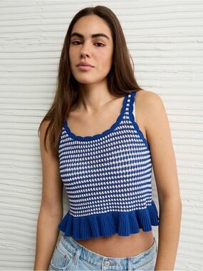 American Eagle Outfitters Blue & White Crochet Peplum Crop Tank